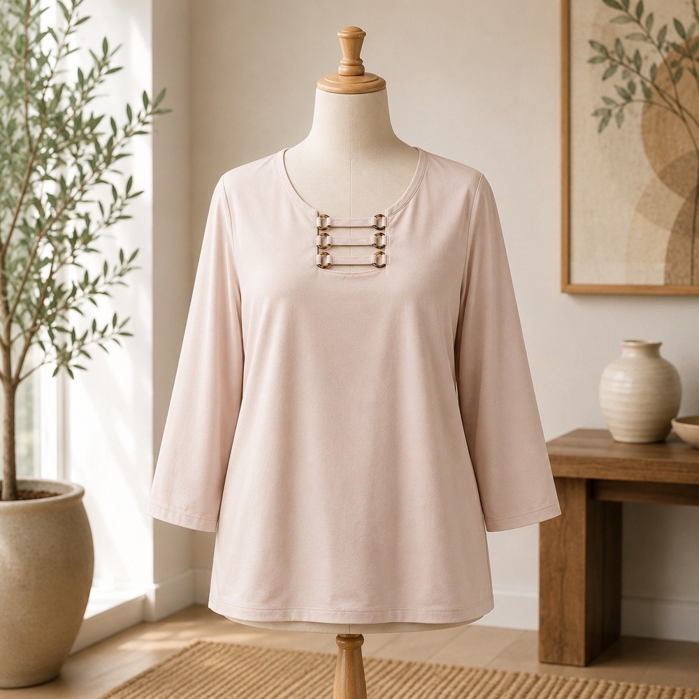 NEW Susan Graver Liquid Knit Top XL Tan Gold Chain Hardware 3/4 Sleeve Blouse